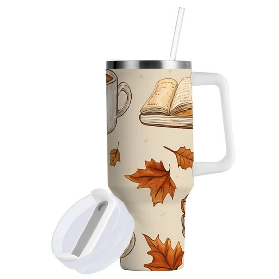 Yayeee 40oz Stainless Steel Tumbler with Straw and Handle Double-Wall Insulated Travel Water Bottle, Fall Mug Pattern