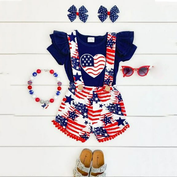 Nrmvnmi Girls Newborn Toddler Baby 4th of July Romper Set Summer Round Neck Stars Love Heart Romper Strap Shorts Bow Headband 3 Piece Set For 0-24 M