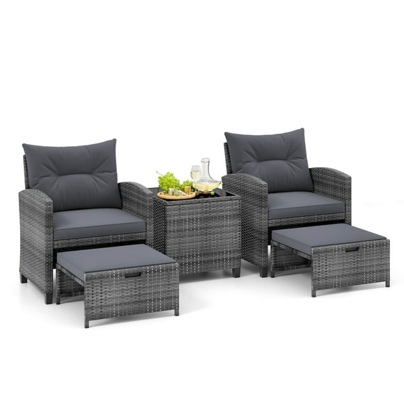 Costway 5 Piece Patio Rattan Furniture with 2 Ottomans & Tempered Glass Coffee Table Grey