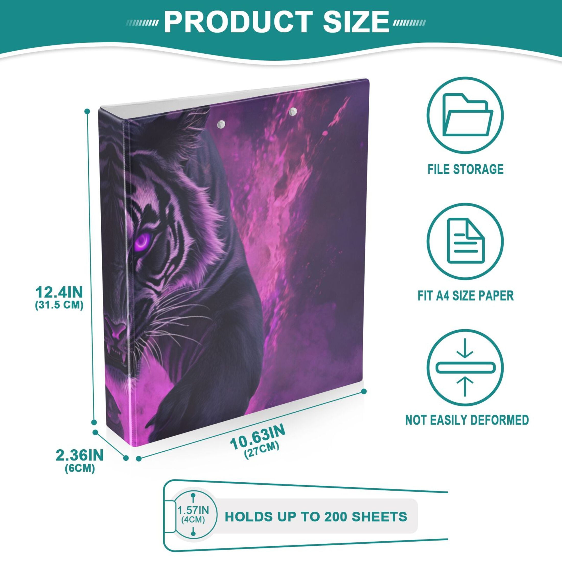 Fierce Tiger 3 Ring Binders 1.5 inch Hardcover File Folders with Interior Pockets A4 Size Organizer for School Office Hospital