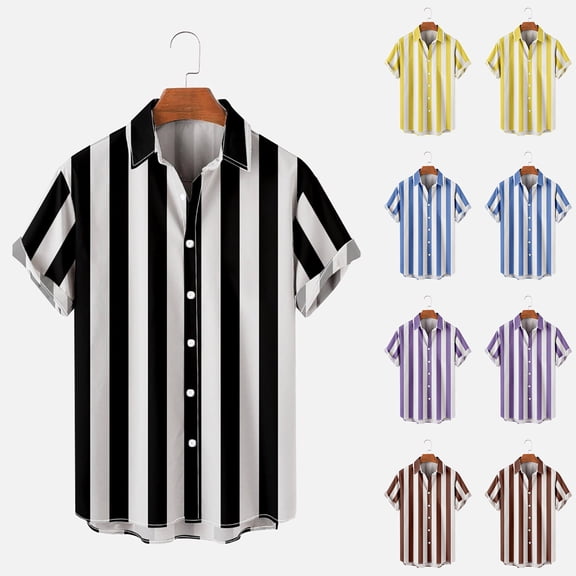 Mens Striped Bowling Shirt 1950s Retro Print Hawaiian Shirts Short Sleeve Casual Button Down Shirt Beach Shirts Big and Tall Size 4XL Yellow