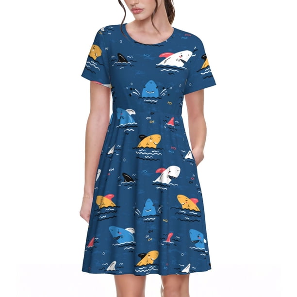 Disketp Colorful Ocean Shark para Vestido de Manga Corta para Mujeres, Vestidos de Verano para Mujeres, Casual y Holgado para la Playa