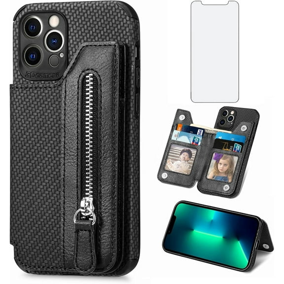 Phone Case for iPhone 12 Pro Max 6.7 Wallet Cover with Screen Protector and Zipper Credit Card Holder Stand Leather Cell Accessories iPhone12promax 5G i 12s Plus iPhone12 12pro Promax Women Men Black