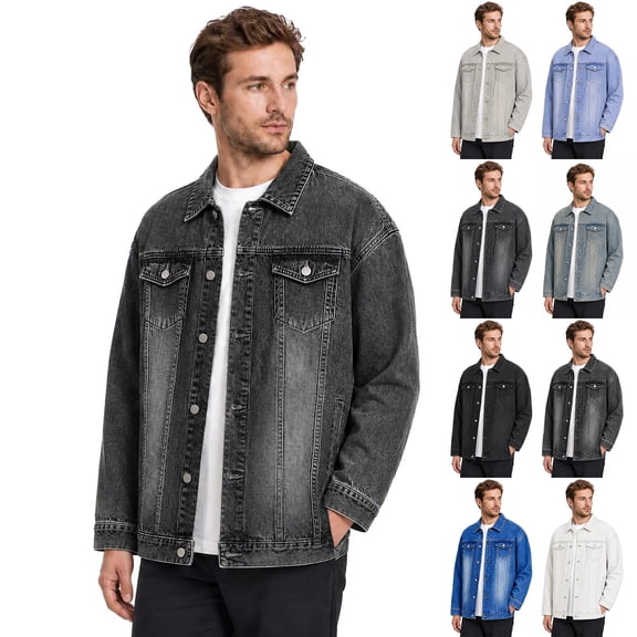 Fengqque Men's Long Sleeve Vintage Washed Denim Jacket, Lapel Collar Button Down Loose Fit Coat with Chest Pocket White XL