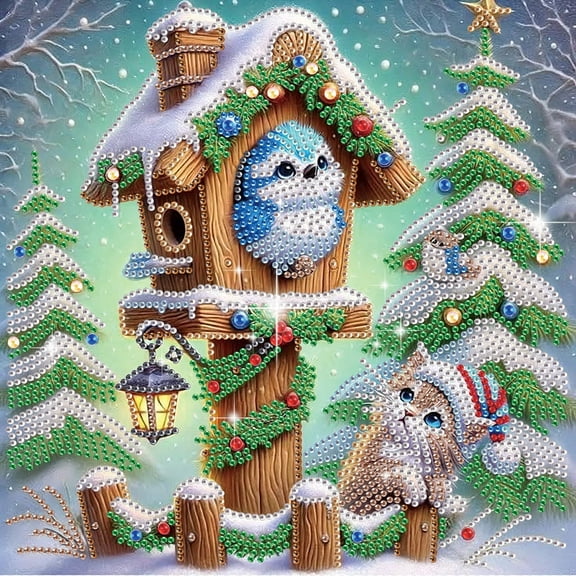 5D DIY Diamond Painting Kit Christmas Birdhouse Crystal Diamond Painting Handcrafted Artwork Includes Tools, Suitable for Beginners and Adults Home Wall Decor Holiday Gift
