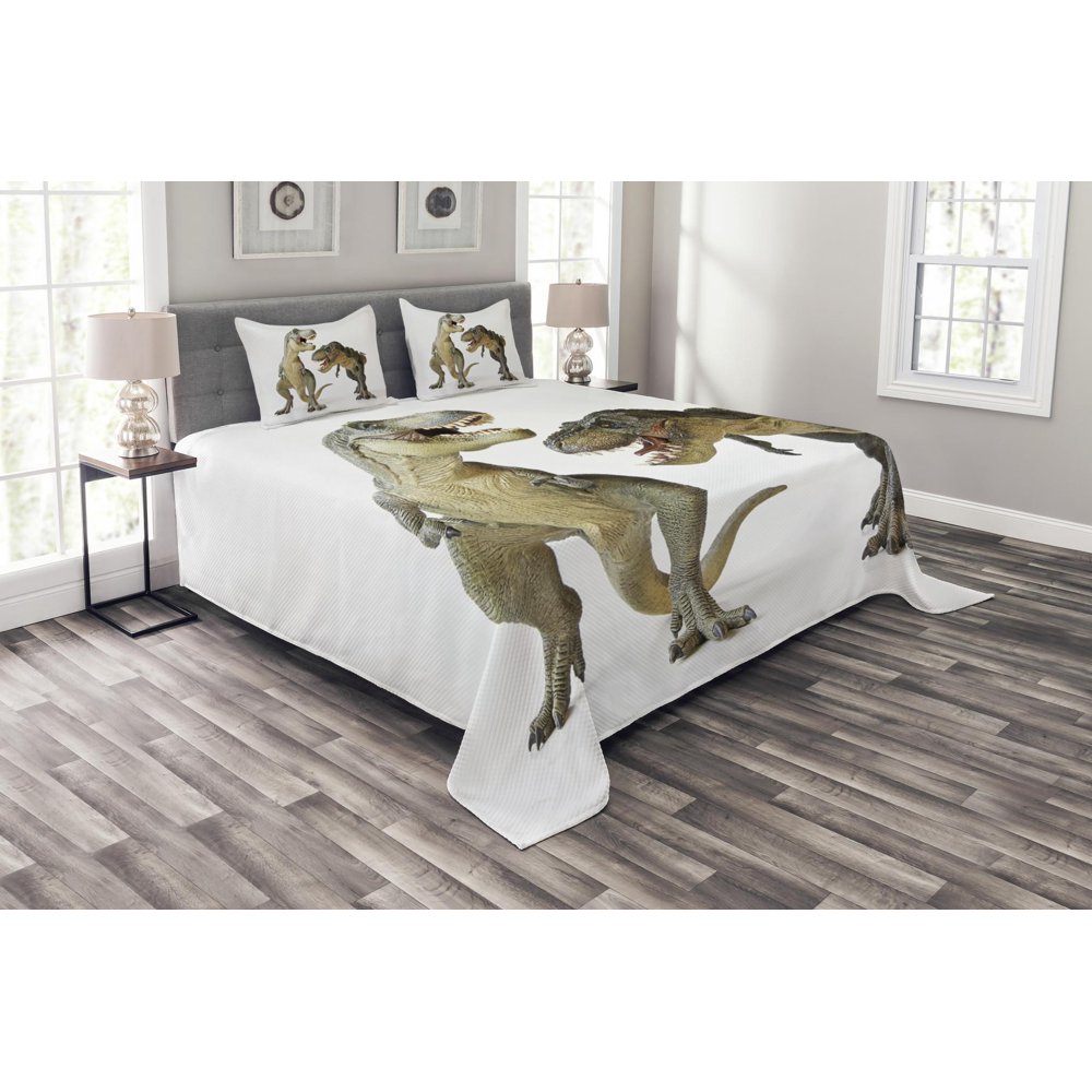 Dinosaur Bedspread Set Queen Size, Tyrannosaurus Rex Pair Facing Off