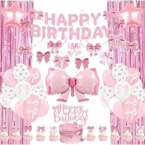 Pink Bow Party Decorations, 53 Bow Birthday Decorations with Balloons Fringe Curtains Happy Birthday Banner Hanging Swirl and Cake Toppers for Girls’ Party Decorations$$Home Decor, Kitchen, & Other