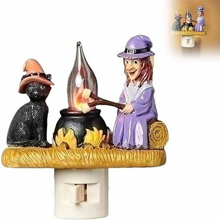

BeyXokBey Clearance Cat And Witch Flickering Nightlight 3D Cat And Witch Fire Night Light Lighted Halloween Witch Roasting S At Faux LED Night Light Plu