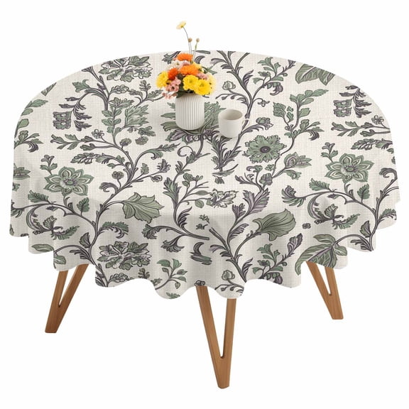 Boho Floral Round Tablecloth 54 inches Vintage Farmhouse Pastoral Flower Retro Green Plant Waterproof Oil-Proof Table Cloth Round Table Cover for Holiday Party Picnic Dinner Decor Indoor Outdoor Use