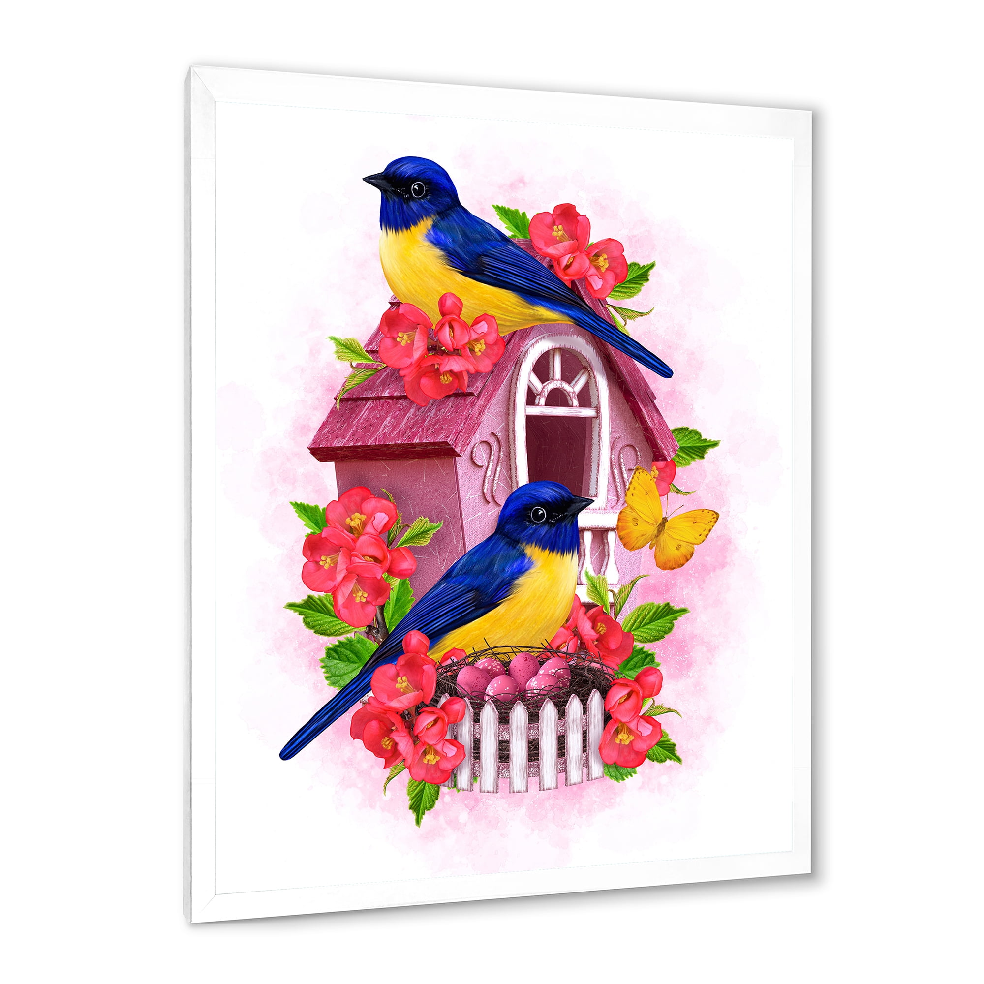 Designart 'Two Yellow and Blue Tit Birds Sitting Near The Nest' Traditional Framed Art Print