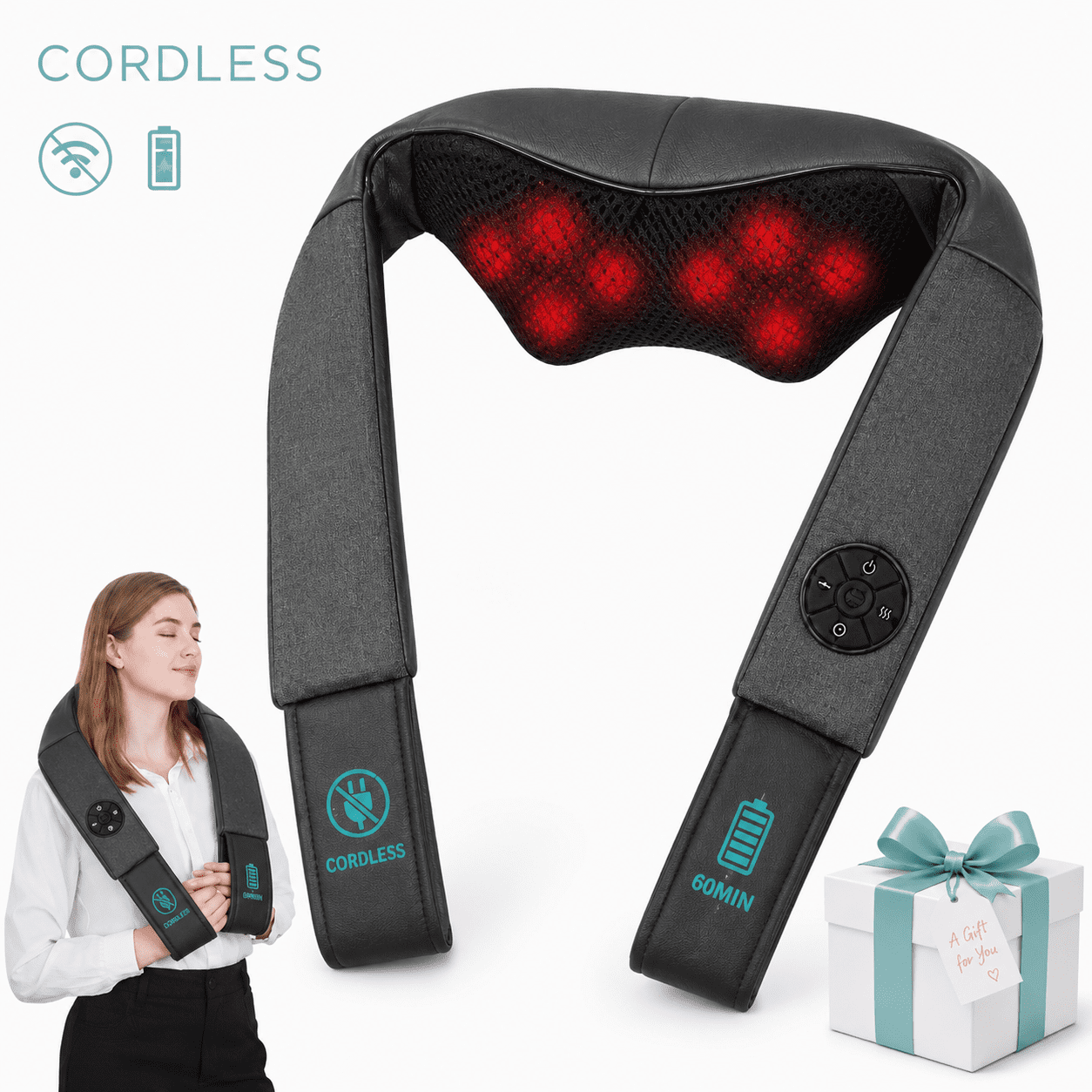 Nekteck Neck Massager Cordless Shiatsu Neck and Should Massager with Heat for Pain Relief Deep Tissue, Portable Kneading Back Massage Pillow, Gifts for Mom Dad Women Men, Office/Work/Car/Home Use