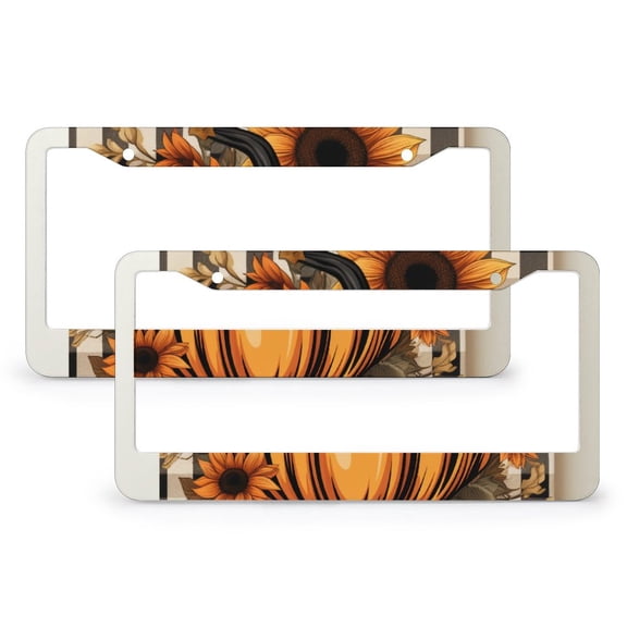 2 Pcs Set Black And Orange Plaid Pumpkin And Sunflower License Plate Cover Fall Decor Grateful Thanksgiving License Plate Frame License Plate Shield Frame Aluminum 2 Holes for Women