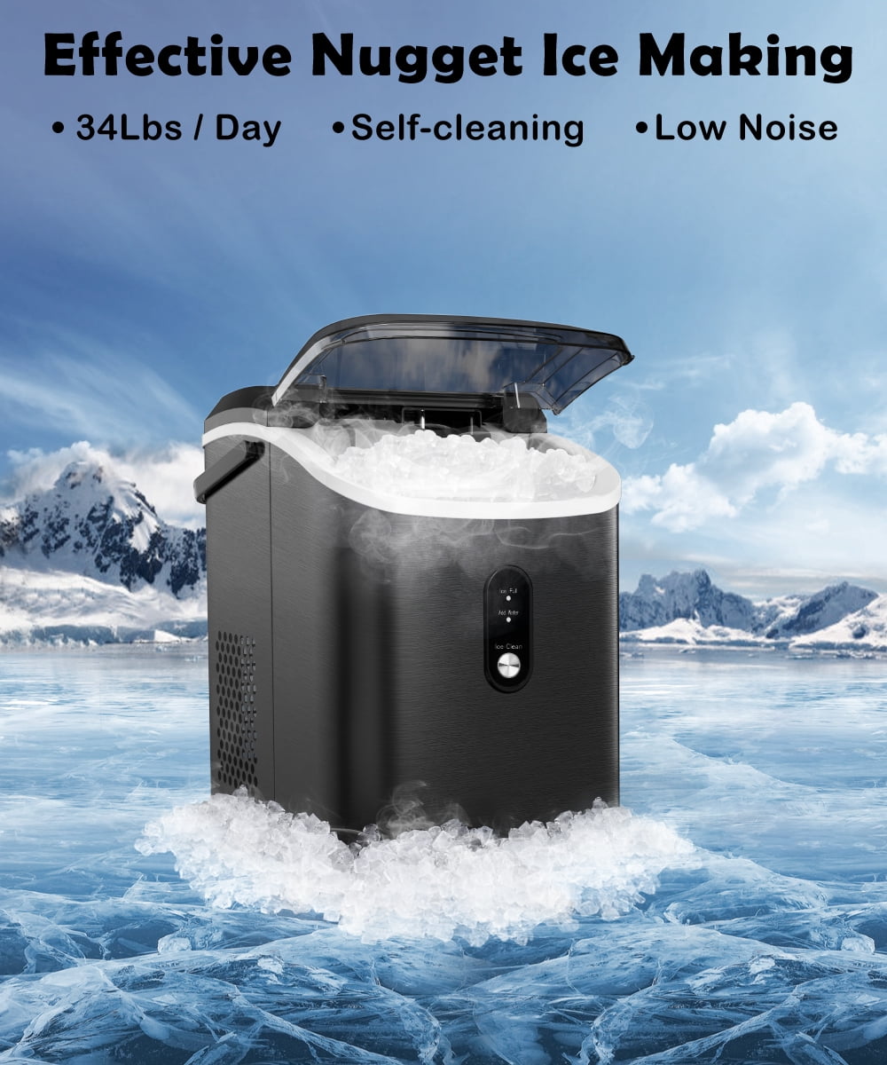 Moifoi 33lbs Countertop Nugget Ice Maker, Potable with Scoop, Soft Nugget Ice Ready in 10mins, Stainless Steel, Black