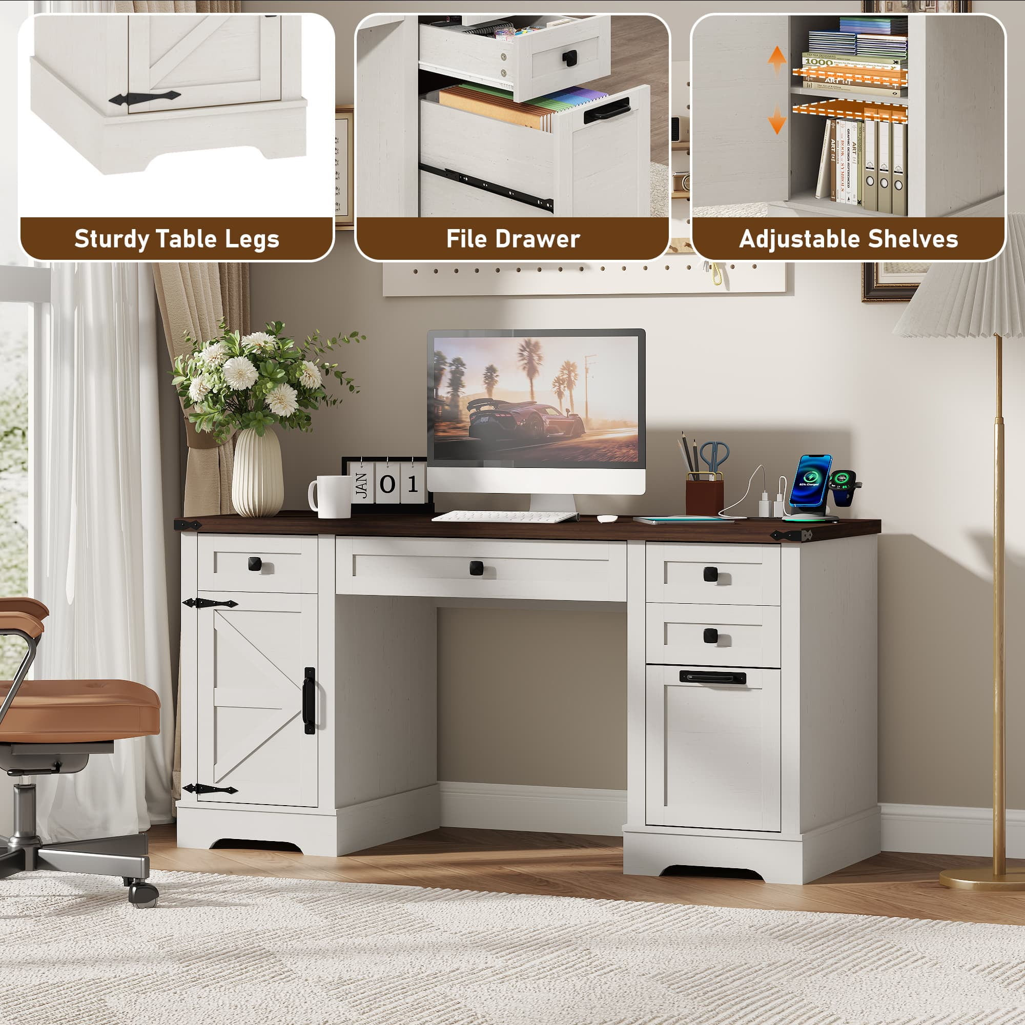 58" Farmhouse Executive Desk with 4 Drawers & Charging Station, Office Computer Desk with File Drawer, Rustic Wooden Study Desk Workstation for Home Office