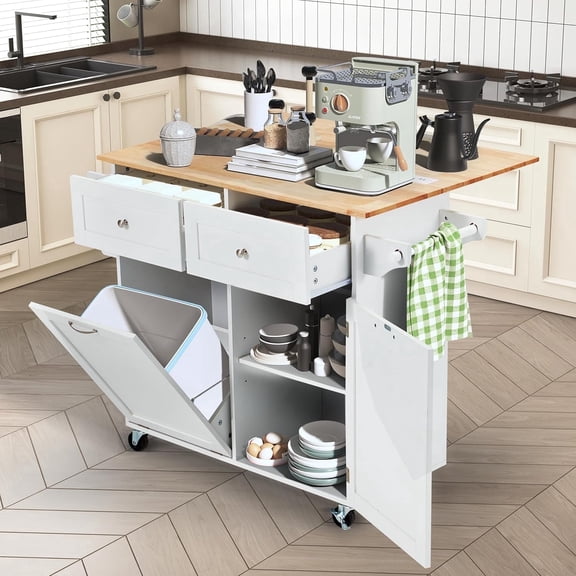 HOMREST 47.5" Rolling Kitchen Island with Power Outlet, Saving Space Drop Leaf, Rubber Wood Countertop, Storage Cabinet for Trash Bin, White