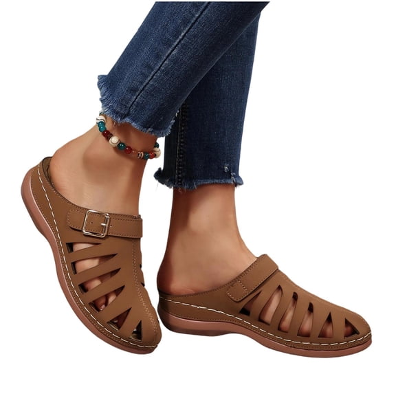 Noric Women's Wedge Mules Closed Toe Slide Sandals Cutout Adjustable Buckle Slip On Platform Summer Casual Shoes