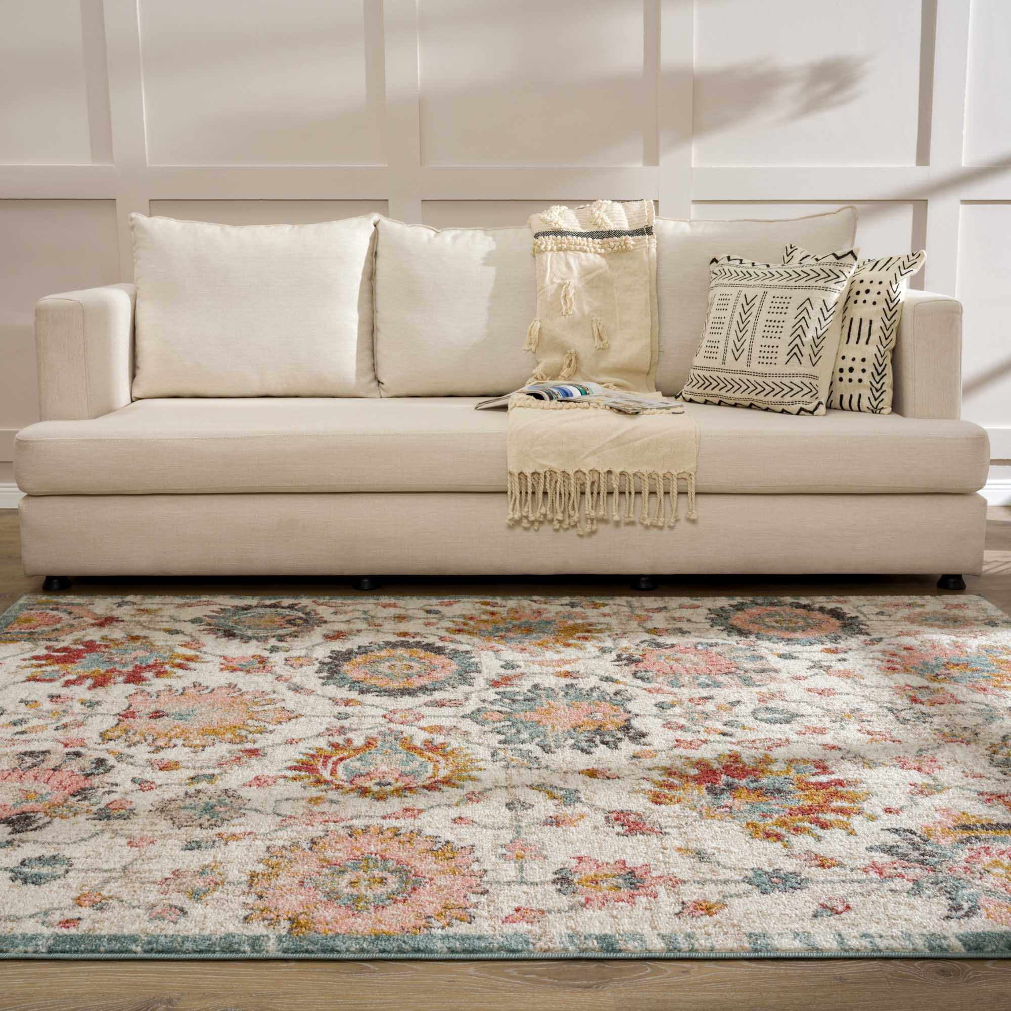 Hauteloom Twilight Living Room Bedroom Bohemian Dining Room Area Rug - Floral Farmhouse Carpet - Boho, Modern Vintage - Colorful, Pink, Orange, Red, Cream, Salmon - 5'3" x 7'3"