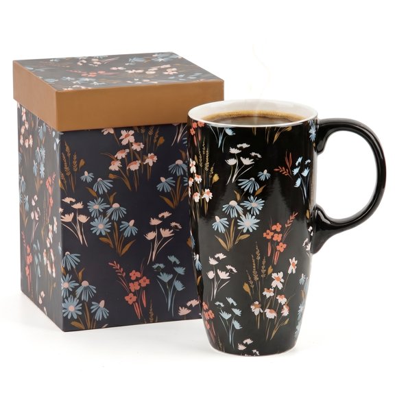 Topadorn Vibrant Spring Garden Floral Ceramic Travel Mug, 17oz, Watercolor Flower Print, Spill-Resistant Lid, Microwave & Dishwasher Safe, Gift Boxed