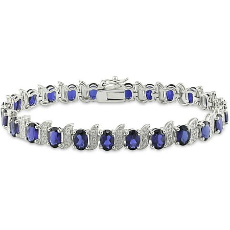 13-1/5 Carat T.G.W. Oval-Cut Created Blue Sapphire and Diamond-Accent Sterling Silver Tennis Bracelet, 7"