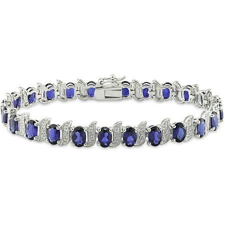 13-1/5 Carat T.G.W. Oval-Cut Created Blue Sapphire and Diamond-Accent Sterling Silver Tennis Bracelet, 7