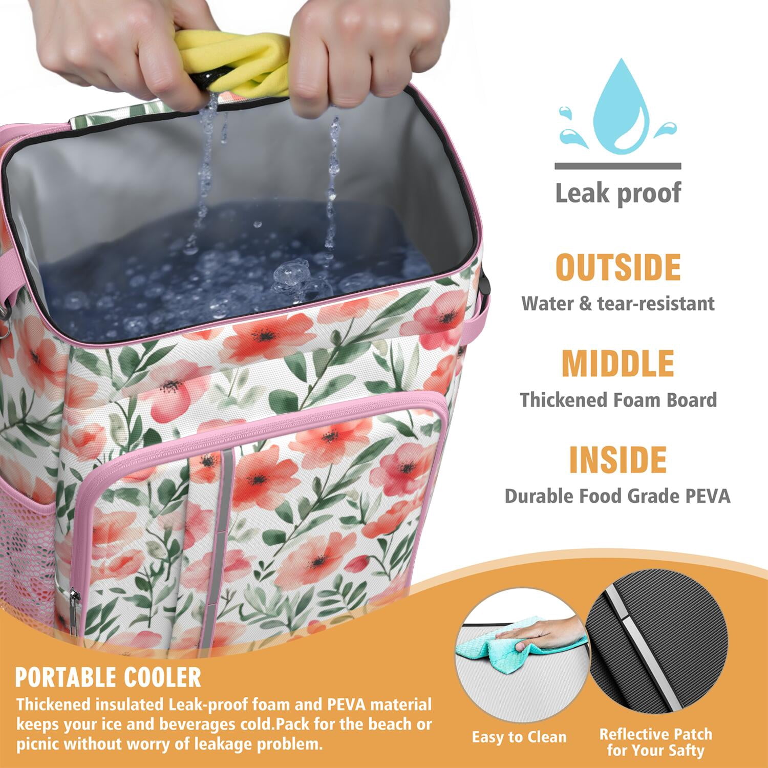 Travel Cooler Bag - Floral Pattern Camping Beer Cooler Backpack with Bottle Opener- Waterproof Insulated Picnic Backpacks - Cooler Bag for Beach