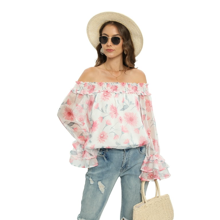 Chiffon Long Sleeve Bell Sleeve Print Off Shoulder Blouses Chiffon Long Sleeve Bell Sleeve Print Off Shoulder Blouses
