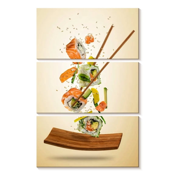 Elephant Stock Salmon Sushi Rolls Wall Art - Vertical Multi Panel Canvas - Dining Room Wall Decor - Food And Drink Multi Panel - Beige And Orange Decor - 14" x 23"