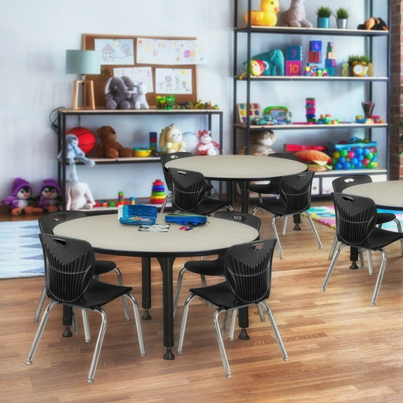 Regency Kee 48 in. Round Adjustable Classroom Table- Maple & 4 Andy 12 in. Stack Chairs- Black