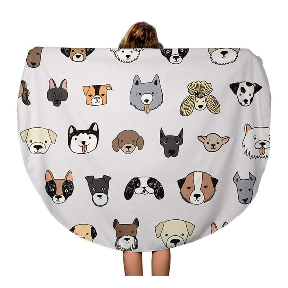 NUDECOR 60 inch Round Beach Towel Blanket Pattern Dog Face Funny Cartoon Doodle Labrador Line Travel Circle Circular Towels Mat Tapestry Beach Throw
