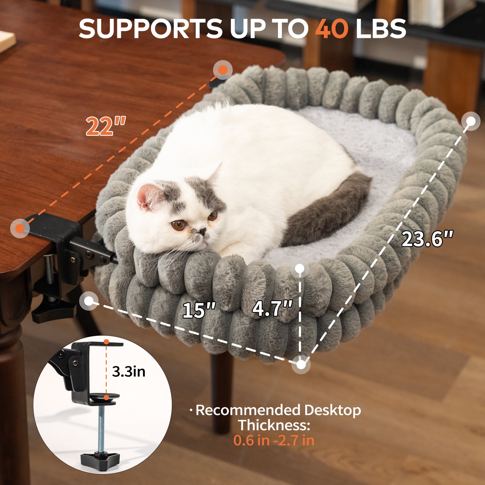 CheerPals Cat Desk Bed, 24*15in Double-Layer Foldable Cats Hammock, Plush&Grids Design for All Reason(Large,Gray)