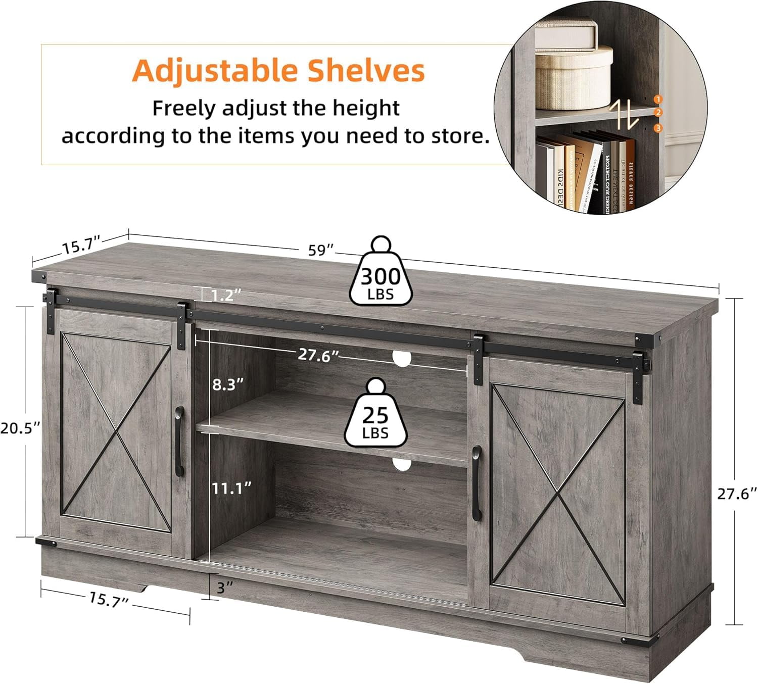 TROPOW Tv Stands for Living Room,Farmhouse TV Stand and Entertainment Center with Sliding Barn Doors and Storage Cabinets, Adjustable Shelf Media Console Storage Cabinet Living Room Furniture,Gray