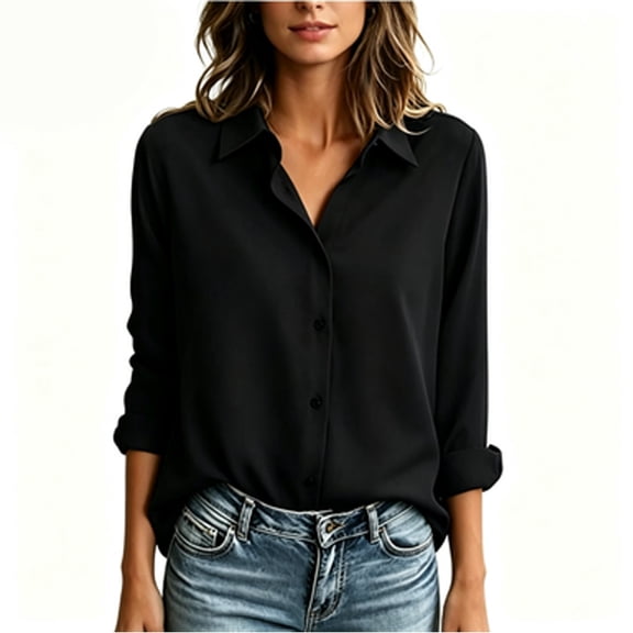DHFJKG Women's Dress Shirts Long Sleeve Loose Fit Solid Color Stretchy Soft Button Down Collared Shirts Classic Tops
