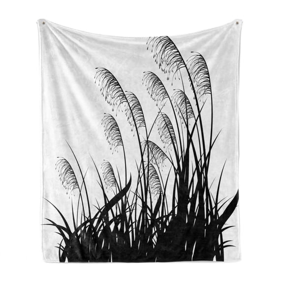 Black and White Soft Flannel Fleece Blanket, Silhouette of Bushes Wild Plants Wheat Field Twiggy Herbs Seasonal Picture, Cozy Plush for Indoor and Outdoor Use, 60" x 80", White Black, by Ambesonne