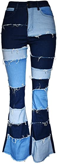 Women Patch Flare Jeans Bell Bottom Raw 
