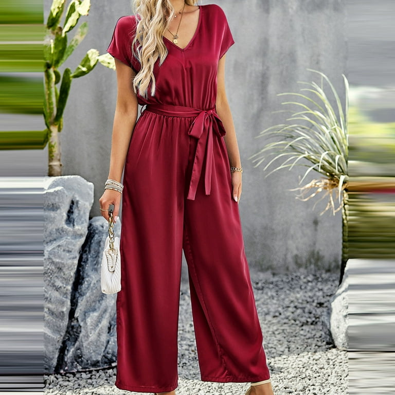 Gaecuw Jumpsuits for Women Dressy Rompers for Women Summer Dressy Short  Sleeve Overall V Neck Band Collar Solid Onesie One Piece Outfits Casual  Long Pants Wide Leg Summer Romper Ankle Length 