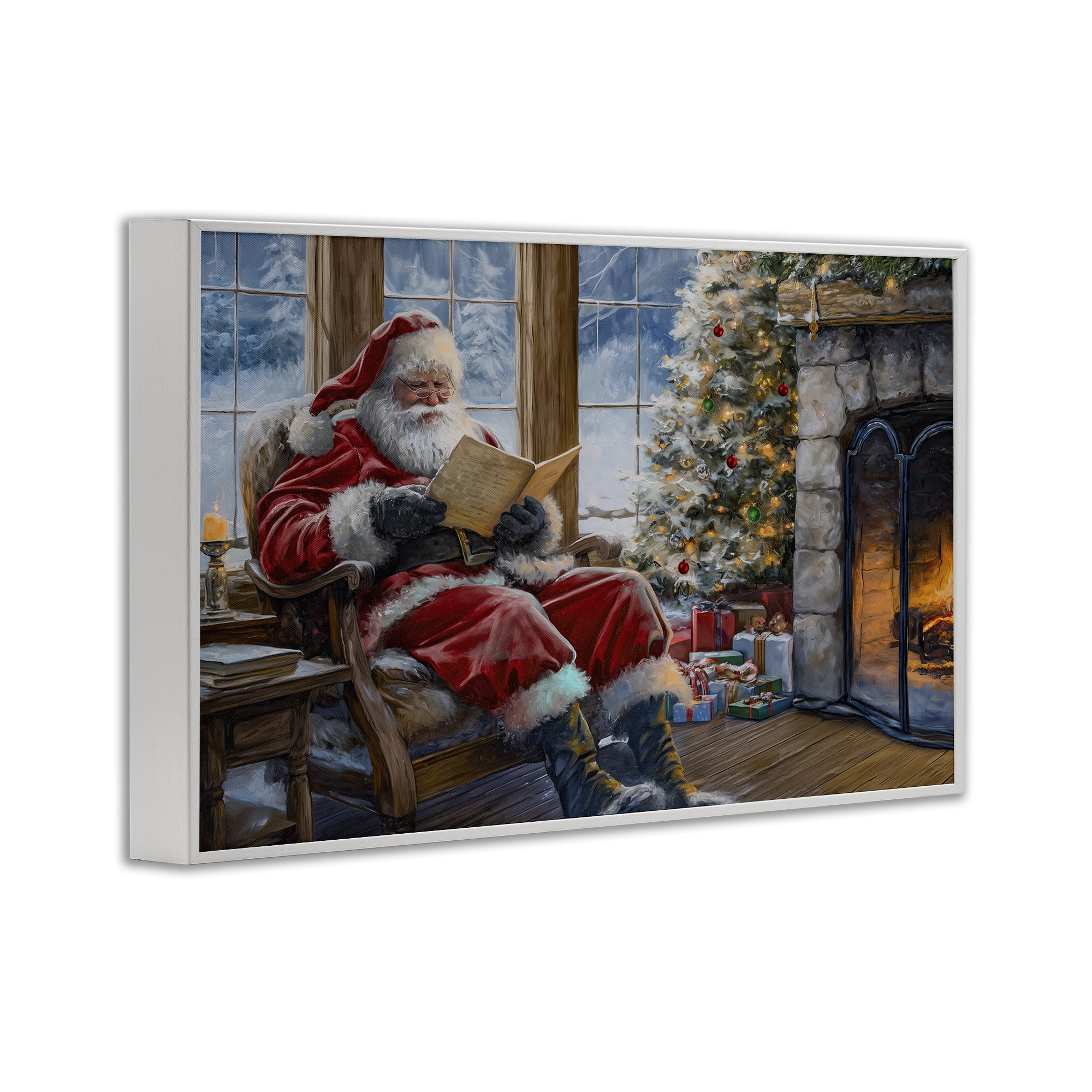 Stupell Industries Santa Reading by Fire Holiday Painting White Framed Art Prints Wall Art, 24 x 16