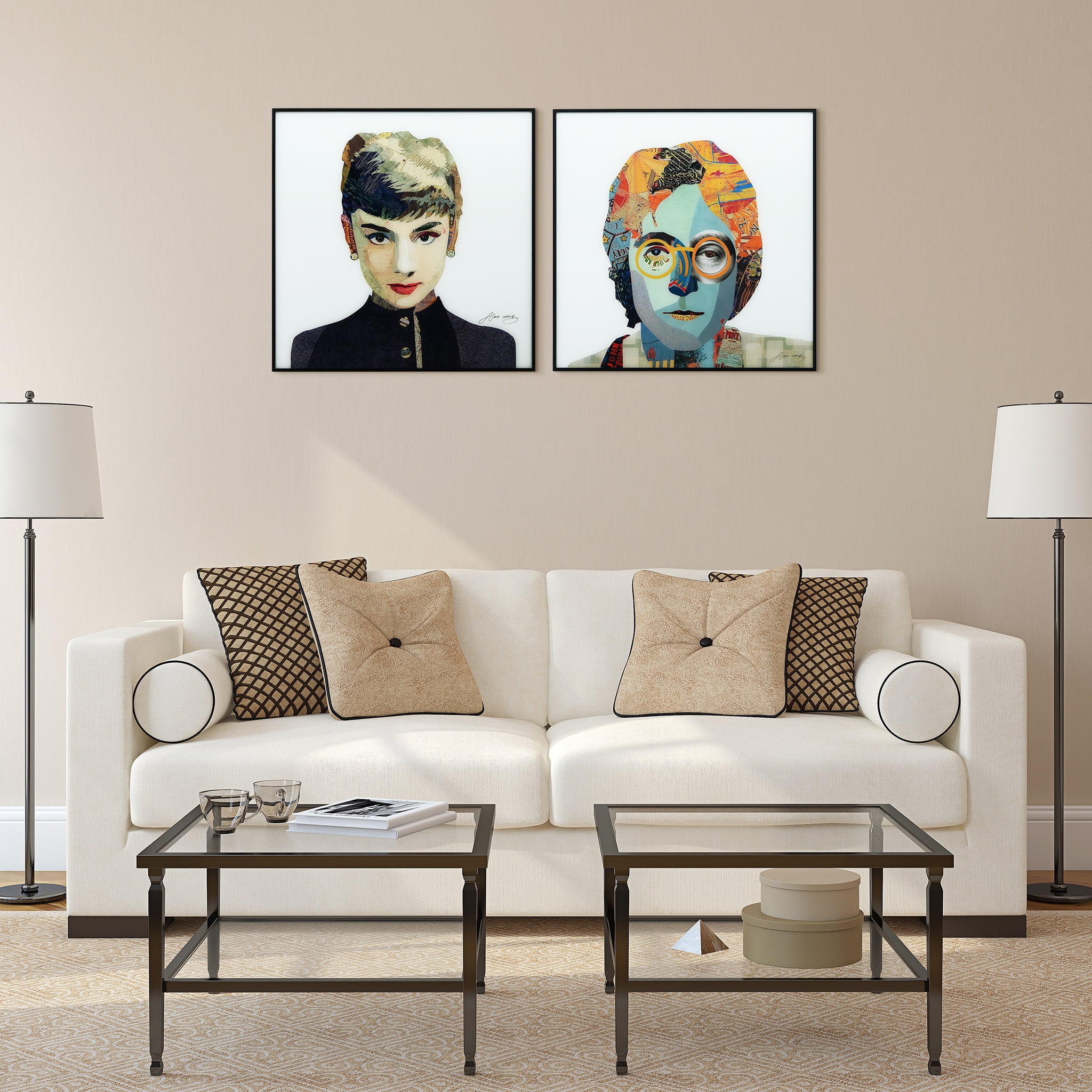 Empire Art Direct Audrey & Homage to John Printed on Glass Art with Anodized Aluminum Black Frame Wall Art, 24" x 24" each, Ready to Hang