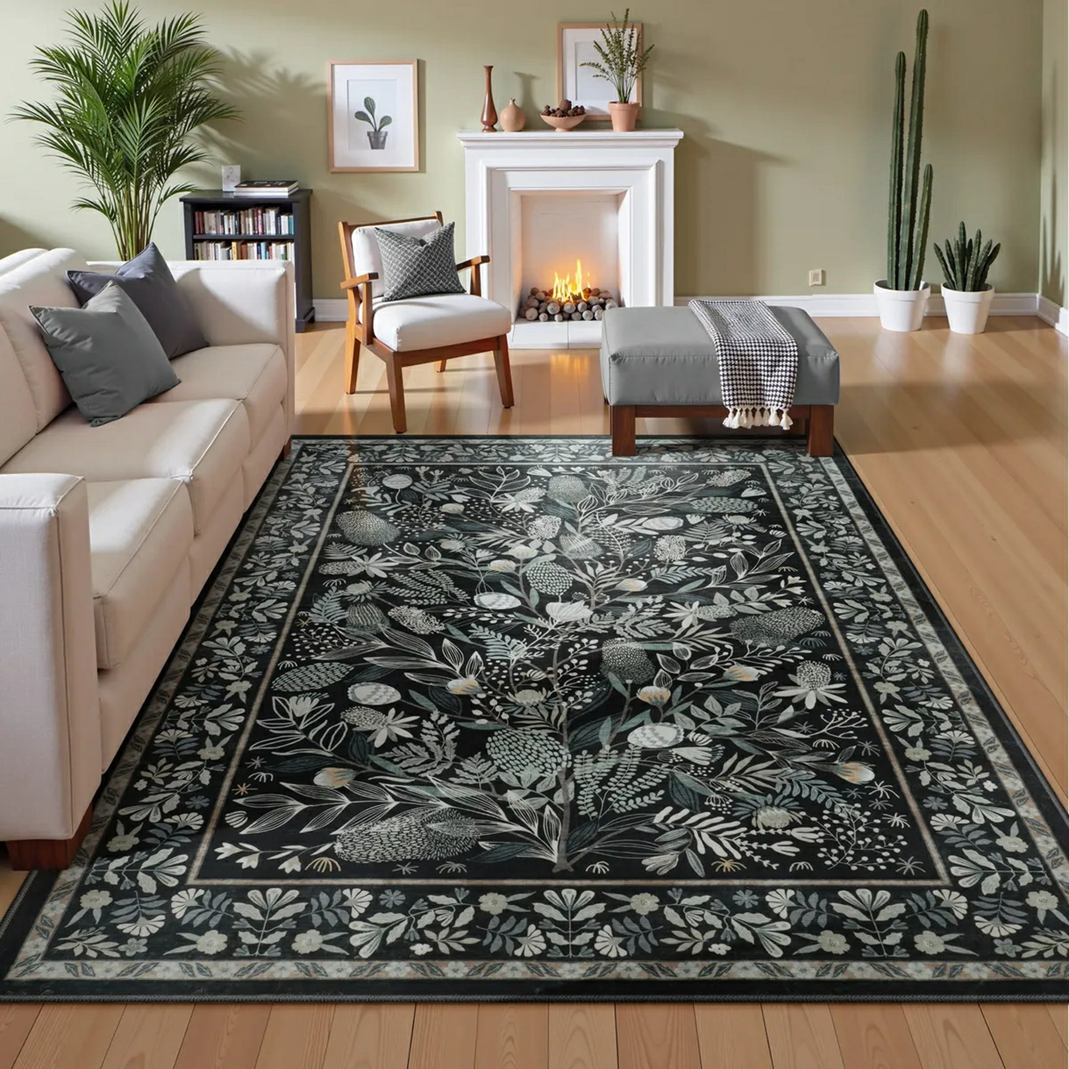 Moynesa 5'x7' Washable Rugs for Living Room, Black Botanical Floral Large Rugs for Bedroom Non-Slip Soft Modern Natural Rugs for Dining Room, Stain Resistant Accent Carpet for Dorm Apartment