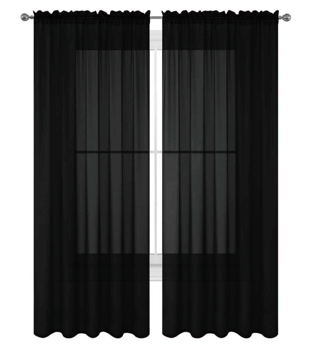Decotex 2 Piece Elegant Solid Sheer Window Curtain Panels Treatment Drapes (55" X 36", Black)
