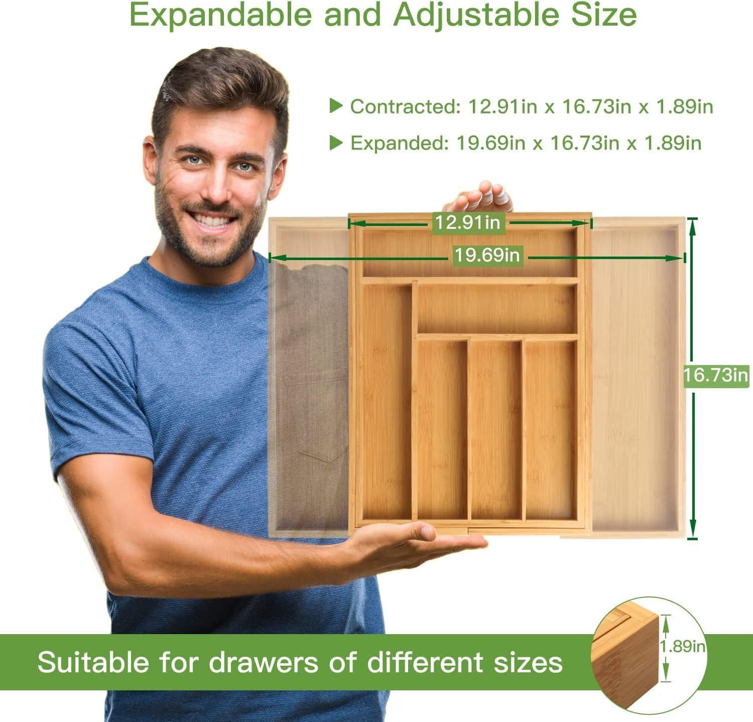 Bamboo Expandable Silverware Drawer Organizer, Adjustable Kitchen Utensil Tray for Forks, Spoons and Knives, Wood Storage Cutlery Holder for Bedroom and Living Room