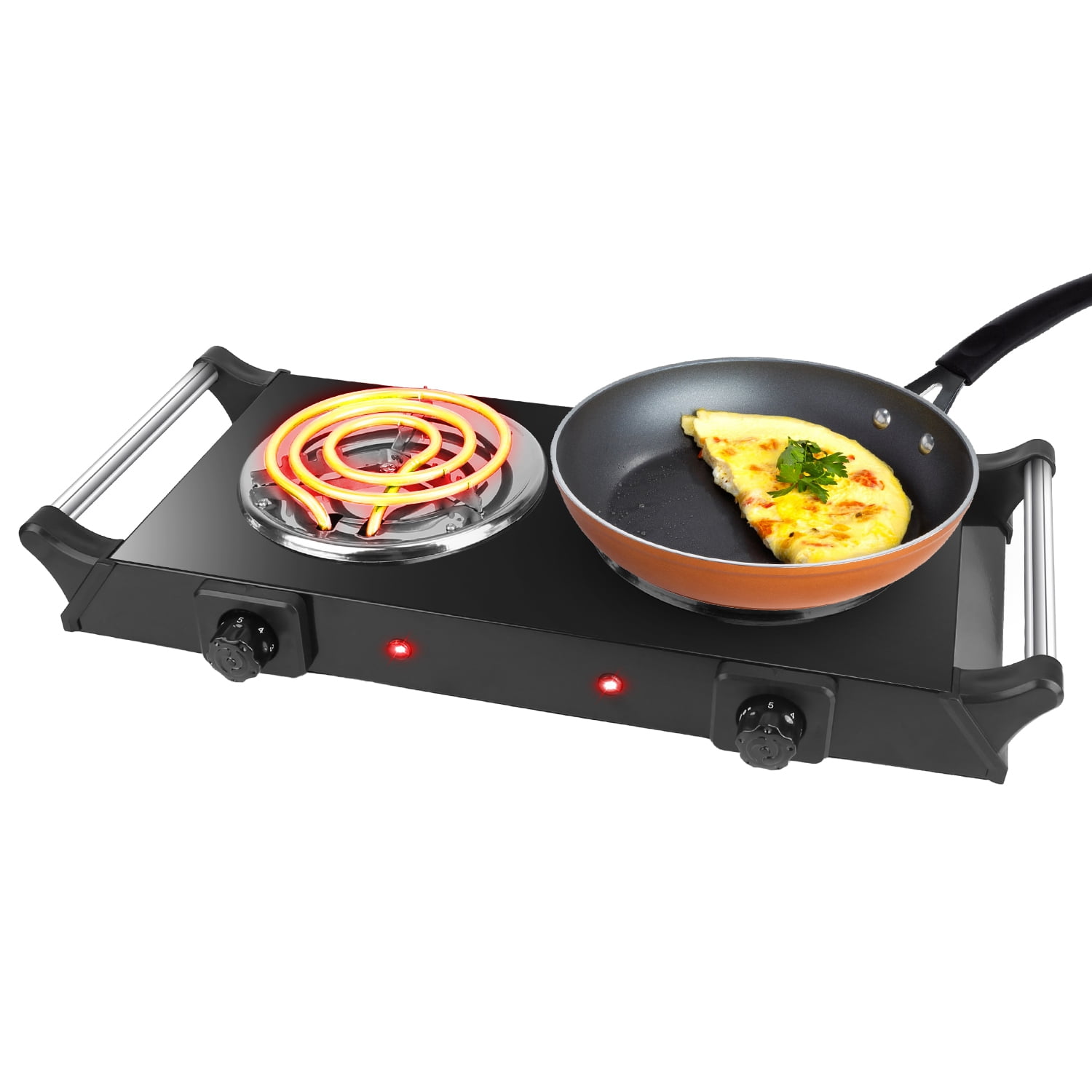 Countertop Electric Dual Burner 2000W Portable Coil Heating Hot Plate Stove Kitchen Cooker Stove with Handles 5 Temperature Adjustments Black