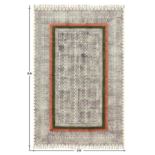 Casavani Green Block Printed Cotton Area Rugs for Bedroom and Living Room, Ourdoor Patio Rug 2x3 feet