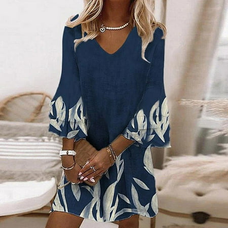 Up to 30% off Clearance! Zanvin Fall Dresses 2022, Women Summer A-Line Beach Sundresses, Summer Printing Causal V-Neck 3/4Sleeve Vacation Mini Dresses, Dark Blue, L