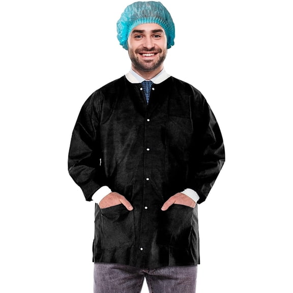 Disposable Lab Jackets SMS Material Black Medium 30 in Long with Snap Front 10 count pack