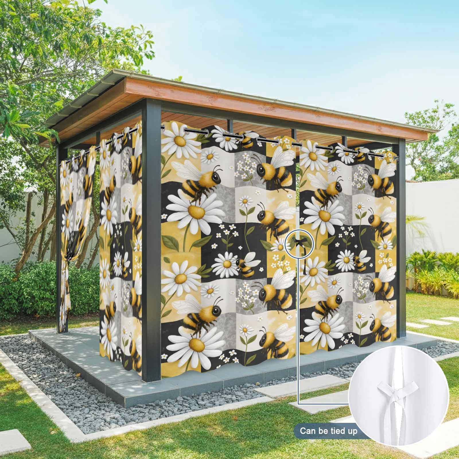 Bees Daisy Outdoor Curtains for Patio, Rustic Countryside Summer Grid Patchwork Sunshade Privacy Drapes Grommet Waterproof Outside Curtains for Porch/Cabana/Balcony 54"x 108", 1 Panel