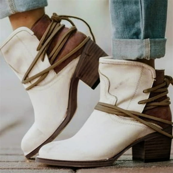 Bmisegm Women's Winter Fashion Squared Heel Vintage Round Toe Lace up Ankle Boots Boots for Women White 7