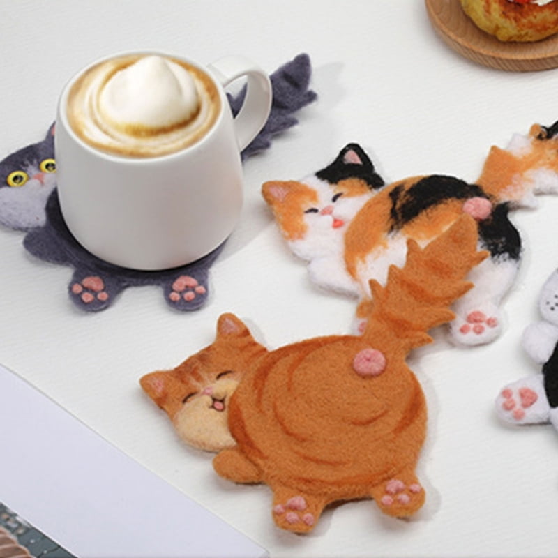 Zecic Lovely Cats Coasters Needle Felting Starter Kits Handmade Needle Felting Kits Wool Needle Felting Tool Kits for Woman