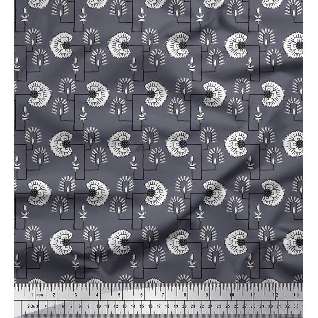 Soimoi Polyester Crepe Fabric Floral Block Printed Craft Fabric by The Yard 42 Inch Wide