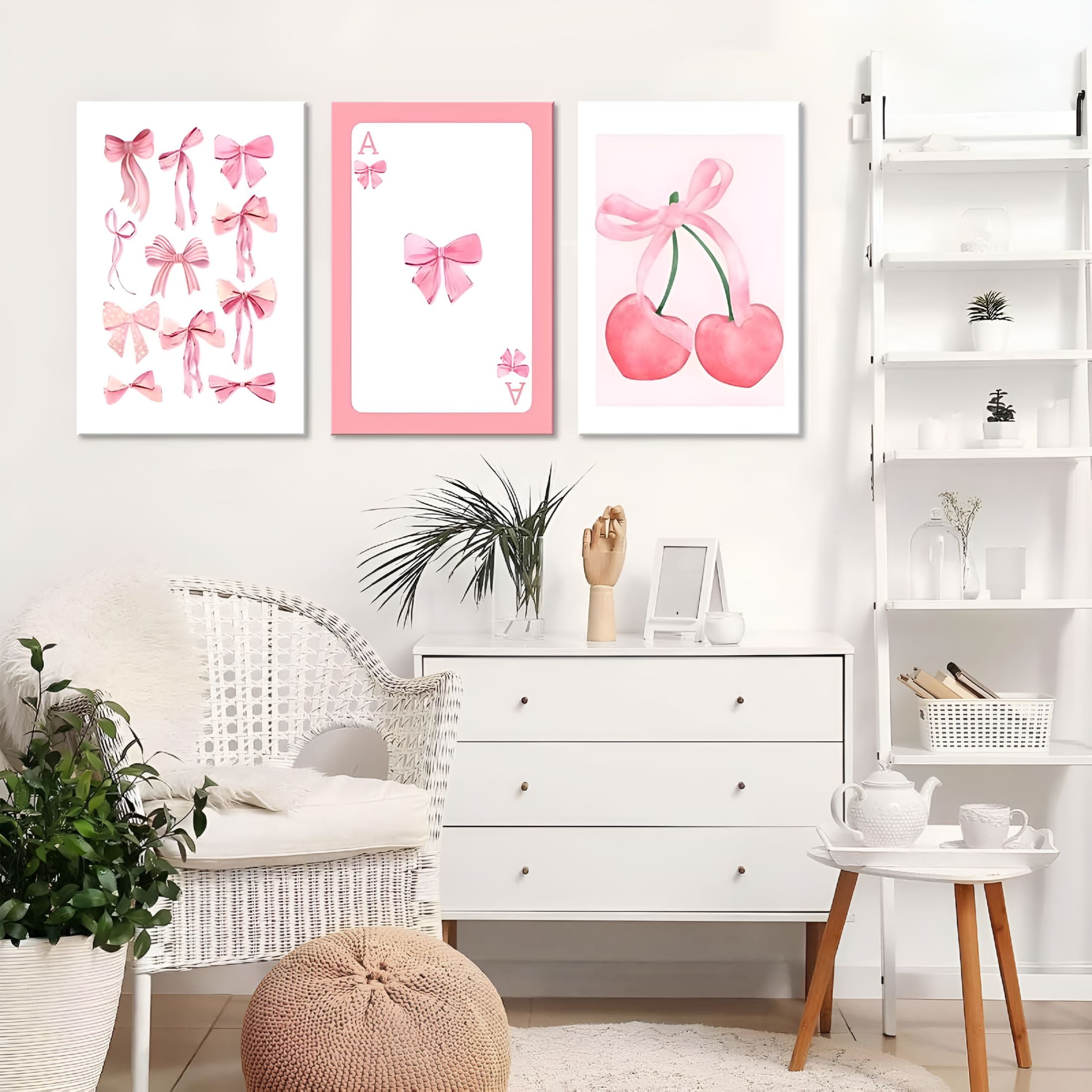 LAMIRO 3Pcs Pink Bows Canvas Wall Art Watercolor Bows Wall Decor Pictures Room Decor Aesthetic Posters Prints for College Apartment Bedroom Decoration 12x16in