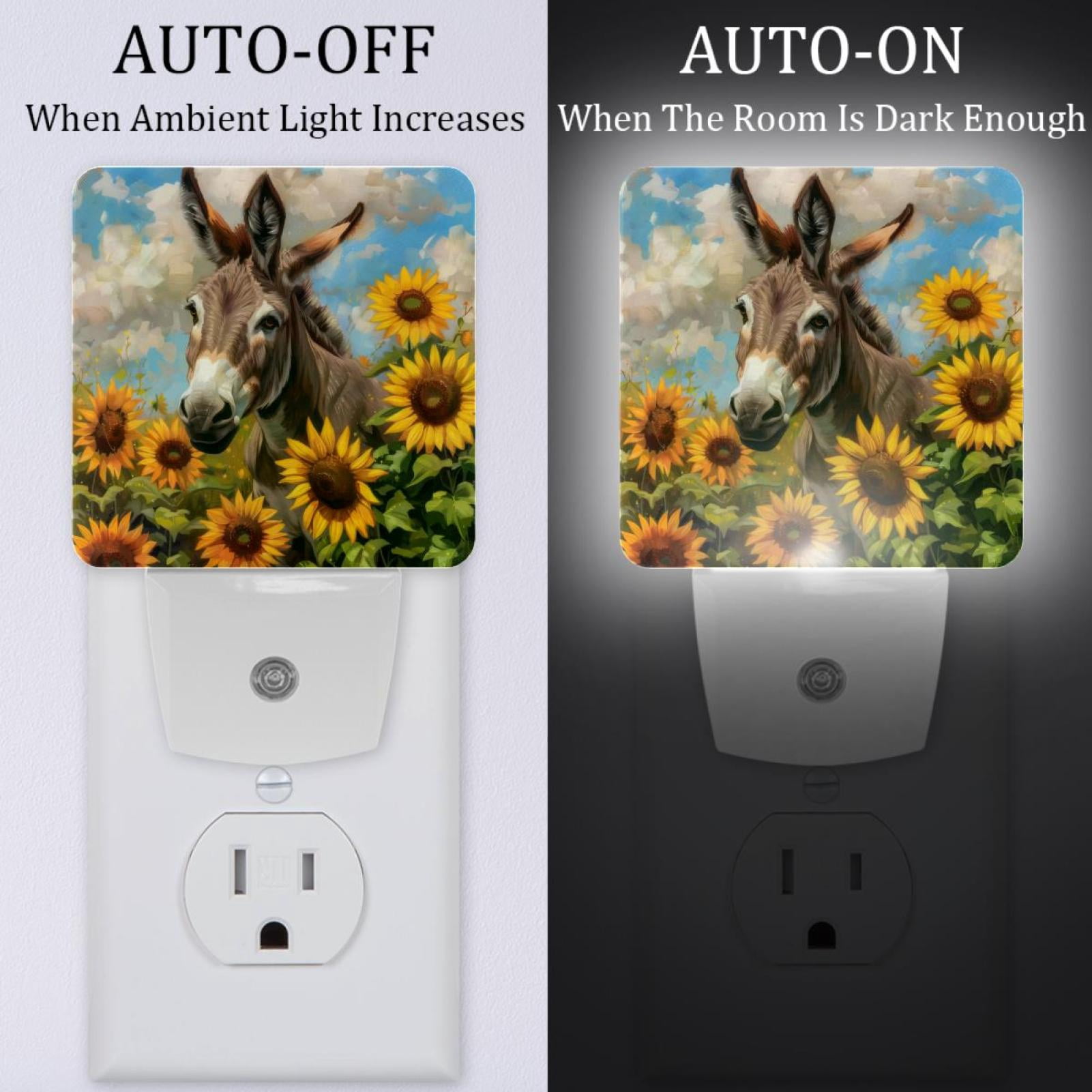 PhooArto Funny Donkey Sunflowers Plug in LED Night Light Auto Sensor Dusk to Dawn Decorative Night for Bedroom, Bathroom, Kitchen, Hallway, Stairs, Baby's Room, Energy Saving